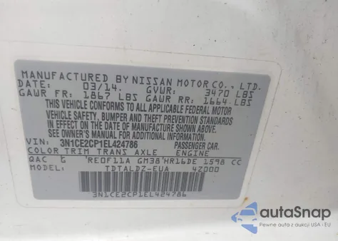 2014 Nissan Versa Note Sv z USA, uszkodzony, nr VIN 3N1CE2CP1EL424786